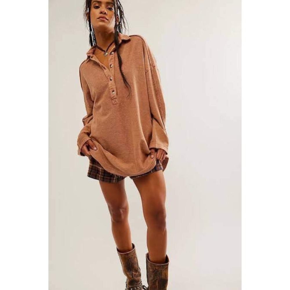 Free People Peach Oversized Henley Top MEDIUM Willow Polo Boho Coastal Shacket